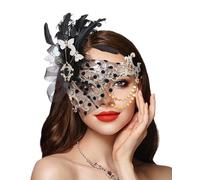 Campsis Maschera in maschera argentata per balli in maschera, con piume, per martedì grasso, veneziano, ballo di fine anno, maschera per gli occhi in metallo, per donne e ragazze
