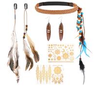 Camptrip 6 pezzi costume indiano da donna, gioielli indiani, accessori per capelli boho con copricapo, piume e orecchini boho, tatuaggi temporanei, gioielli hippie per carnevale, Halloween, feste in