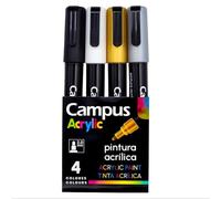 Campus Pennarelli acrilici, confezione di pennarelli a punta rotonda da 2 mm, pennarelli a colori non permanenti a base d'acqua, pennarelli acrilici a vernice opaca e ad asciugatura rapida (4 colori