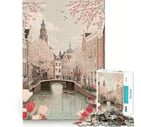 Canale di Amsterdam in primavera con tulipani,puzzle da 1000 pezzi per adulti,gioco di potenziamento mentale,taglio laser per un incastro perfetto,divertimento in famiglia,attività serale (38x26cm)