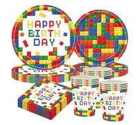 CANCJ Set di stoviglie per feste per 10 ospiti - mattoncini colorati per il compleanno dei bambini, piatti di carta da 9"/7", bicchieri, tovaglioli - blocchi di costruzione per compleanno festa a tema