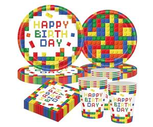 CANCJ Set di stoviglie per feste per 10 ospiti - mattoncini colorati per il compleanno dei bambini, piatti di carta da 9"/7", bicchieri, tovaglioli - blocchi di costruzione per compleanno festa a tema