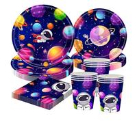 CANCJ Set di stoviglie per feste spaziali per 10 ospiti - piatti di carta astronauta 9"/7", tazze di carta, tovaglioli - decorazione per il compleanno dei bambini, razzo universo motto festa ragazzi