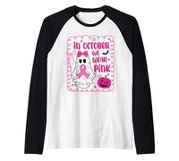 Cancro al Seno Donne Fantasma Carino in Ottobre Indossiamo Fiocco Rosa Maglia con Maniche Raglan