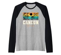 Cancun Messico Retro Tramonto Palma Spiaggia Tropicale Vibes Maglia con Maniche Raglan