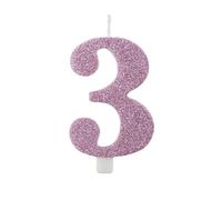 Candela 3 Tre MALVA GLITTER numerale h 9,5cm - colore LILLA viola chiaro glitterato - Candelina per Torta e dolci - candela di compleanno in cera a forma di numero