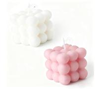 Candela a Bolle 2 Pezzi - Candele Artigianali in Cera di Soia con Profumo Rilassante, Decorazioni Moderne a Forma di Cubo per Interni Bianco e Rosa