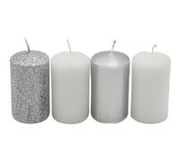 Candela a pilastro, candele dell'Avvento, candele a corona dell'Avvento, in argento e bianco, diverse sfumature di colore, dimensioni: 7 x 4 cm, 250 g, durata 4 x 10 h