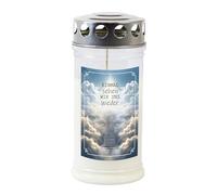 Candela commemorativa con motivo "Einmal sehen wir uns wieder", 70-90 ore, durata di combustione: candela di lutto - durevole, 100% olio vegetale, bianco con coperchio in argento TLB
