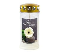Candela commemorativa con motivo "Ihr fehlt", 70-90 ore, lunga durata, 100% olio vegetale, bianco con coperchio dorato, TLB