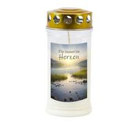 Candela commemorativa con motivo "Per sempre nel cuore", 70-90 ore, lunga durata, 100% olio vegetale, bianco con coperchio dorato, TLB