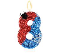Candela Compleanno a Tema Ragno, Candela Numero di Paillettes Rosse e Blu con Decorazioni Ragno e Ragnatela per Festa Compleanno Festa Tema Decorazione Topper Torta(Numero 8)