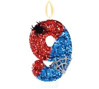 Candela Compleanno a Tema Ragno, Candela Numero di Paillettes Rosse e Blu con Decorazioni Ragno e Ragnatela per Festa Compleanno Festa Tema Decorazione Topper Torta(Numero 9)