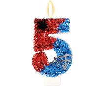Candela Compleanno a Tema Ragno, Candela Numero di Paillettes Rosse e Blu con Decorazioni Ragno e Ragnatela per Festa Compleanno Festa Tema Decorazione Topper Torta(Numero 5)