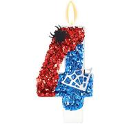 Candela Compleanno a Tema Ragno, Candela Numero di Paillettes Rosse e Blu con Decorazioni Ragno e Ragnatela per Festa Compleanno Festa Tema Decorazione Topper Torta(Numero 4)