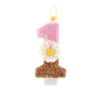 Candela Compleanno Numero 1 Rosa, 7,3cm Graziosa Margherita Oro Lucido Candela Buon Compleanno Primo Anno con Bastoncino Decorazione Torta Bambina Regalo per Feste Anniversari (Bianco)