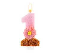 Candela Compleanno Numero 1 Rosa, 7,3cm Graziosa Margherita Oro Lucido Candela Buon Compleanno Primo Anno con Bastoncino Decorazione Torta Bambina Regalo per Feste Anniversari (Rosa)