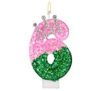 Candela Compleanno Rosa e Verde, Candela Numero di Paillettes Rosa e Verde con Decorazione Corona Strass per Feste Compleanno Matrimoni Anniversari Decorazioni(Numero 6)