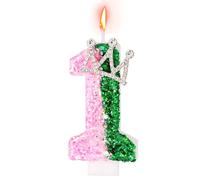 Candela Compleanno Rosa e Verde, Candela Strega con Glitter Numero con Corona Decorazione Topping per Compleanno Festa a Tema Strega (Numero 1)