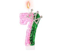 Candela Compleanno Rosa e Verde, Candela Strega con Glitter Numero con Corona Decorazione Topping per Compleanno Festa a Tema Strega (Numero 7)