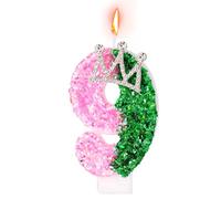 Candela Compleanno Rosa e Verde, Candela Strega con Glitter Numero con Corona Decorazione Topping per Compleanno Festa a Tema Strega (Numero 9)