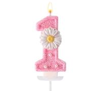 Candela Compleanno Rosa Numero 1, 7,1cm Margherita Glitterata Candela Buon Compleanno Primo Anno con Vassoio e Bastoncino Candela 1 Compleanno Bimba Decorazione Torte Regali Feste Compleanno