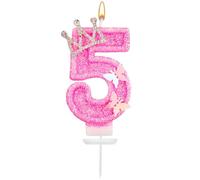 Candela con numero 5, 7,3 cm, rosa scintillante, con farfalla e corona di strass, candele per compleanno, decorazioni perfette per compleanno e anniversario (numero 5)
