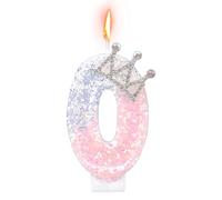 Candela Corona, Glitterate, Rosa e Argento Topper per Torta con Numero Decorazione Torta di Compleanno per Anniversari Matrimoni Baby Shower (Numero 0)