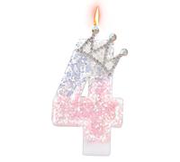 Candela Corona, Glitterate, Rosa e Argento Topper per Torta con Numero Decorazione Torta di Compleanno per Anniversari Matrimoni Baby Shower (Numero 4)