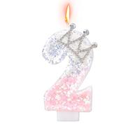 Candela Corona, Glitterate, Rosa e Argento Topper per Torta con Numero Decorazione Torta di Compleanno per Anniversari Matrimoni Baby Shower (Numero 2)