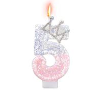 Candela Corona, Glitterate, Rosa e Argento Topper per Torta con Numero Decorazione Torta di Compleanno per Anniversari Matrimoni Baby Shower (Numero 5)
