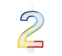 Candela di compleanno a forma di numero 2 con bordo arcobaleno vibrante (7 cm x 12 cm), splendida decorazione multicolore per feste, realizzata appositamente per le pietre miliari celebrative, 1 pezzo