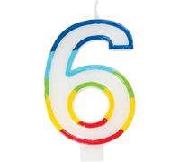 Candela di compleanno con bordo arcobaleno vibrante numero 6 (7 cm x 12 cm), splendida decorazione multicolore per feste, realizzata appositamente per pietre miliari celebrative, 1 pezzo