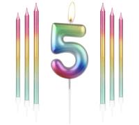 Candela di compleanno con numero 5 arcobaleno, utilizzata per decorare torte e dessert alle feste per persone di tutte le età e per celebrare vari eventi