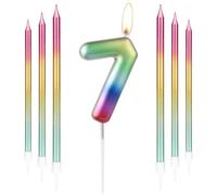 Candela di compleanno con numero 7 arcobaleno, utilizzata per decorare torte e dessert alle feste per persone di tutte le età e per celebrare vari eventi