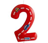 Candela di Compleanno Numero 2 con Tema Auto, Candela Rossa per Torta con Strada e Veicoli, Decorazione per 2° Compleanno, Festa per Bambini Maschi, Auto e Strade