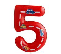Candela di Compleanno Numero 5 con Tema Auto, Candela Rossa per Torta con Strada e Veicoli, Decorazione per 5° Compleanno, Festa per Bambini Maschi, Auto e Strade