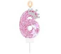 Candela di Compleanno Rosa con Numero, Corona Scintillante Farfalla Scintillante Paillettes Decorazione per Torta per Feste di Compleanno Matrimoni Anniversari Celebrazioni (Numero 6)