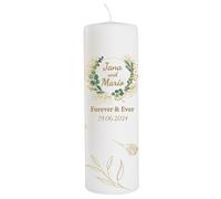 Candela di nozze personalizzata con nome e data come decorazione da tavolo decorazione da tavolo per matrimonio come regalo amorevole candela eucalipto fiori durata: 45 ore, Ø 7,8 x altezza 25 cm