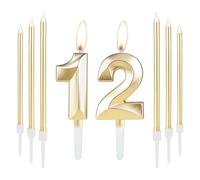 Candela dorata per torta per 12° compleanno, candela con numero di compleanno con 6 candele lunghe, set di candele per 12° compleanno, decorazione per torta per torte, festa di compleanno,