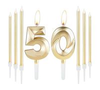 Candela dorata per torta per 50° compleanno, candela con numero di compleanno con 6 candele lunghe, set di candele per 50° compleanno, decorazione per torta per torte, festa di compleanno,