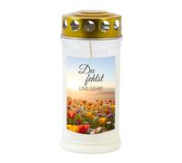 Candela funeraria - Candela commemorativa con motivo "Du fehlst uns molto!" 70-90 ore, lunga durata, 100% olio vegetale, bianco con coperchio dorato TLB