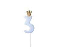 Candela in cera numero 3 Tre CELESTE/AZZURRO con coroncina ORO glitter - numerale h 9cm - Candelina per Torta e dolci - candela di primo compleanno in cera a forma di numero