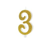 Candela MAXI numero 3 ORO GLITTER - numerale Grande gigante h10cm dorata - Candelina per Torta e dolci - candela di compleanno in cera a forma di numero (3 Tre)