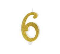 Candela MAXI numero 6 ORO GLITTER - numerale Grande gigante h10cm dorata - Candelina per Torta e dolci - candela di compleanno in cera a forma di numero (6 Sei)
