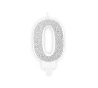 Candela numero 0 ARGENTO GLITTER - numerale h7cm argentata - Candelina per Torta e dolci - candela di compleanno in cera a forma di numero (0 Zero)