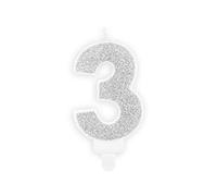 Candela numero 3 ARGENTO GLITTER - numerale h7cm argentata - Candelina per Torta e dolci - candela di compleanno in cera a forma di numero (3 Tre)