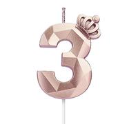Candela numero 3, candela grande di buon compleanno da 7,6 cm con squisite decorazioni a forma di corona 3D per decorazioni per torte, anniversari di matrimonio, riunioni di compleanno (Rosa-3)