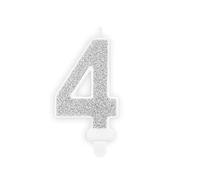 Candela numero 4 ARGENTO GLITTER - numerale h7cm argentata - Candelina per Torta e dolci - candela di compleanno in cera a forma di numero (4 Quattro)