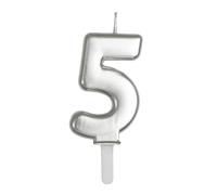 Candela numero 5 CINQUE - colore ARGENTO Metal - Tiny Plump - numerale h7cm - Candelina per Torta e dolci - candela di compleanno in cera a forma di numero